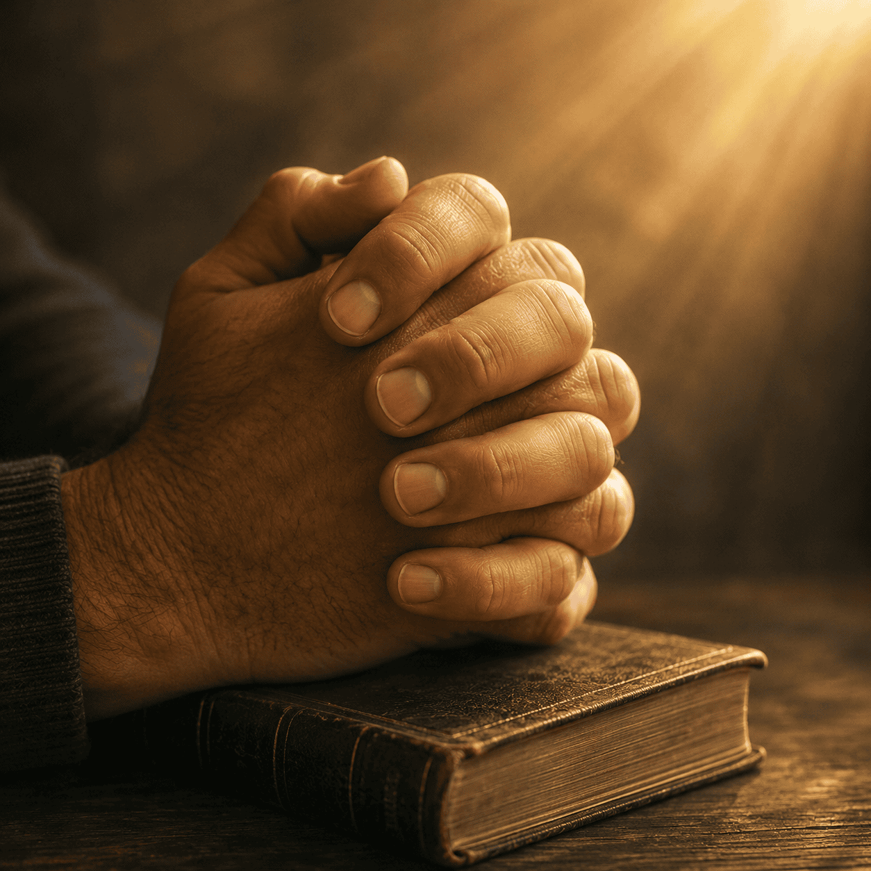 Hands clasped in prayer resting on an open Bible with golden light in background