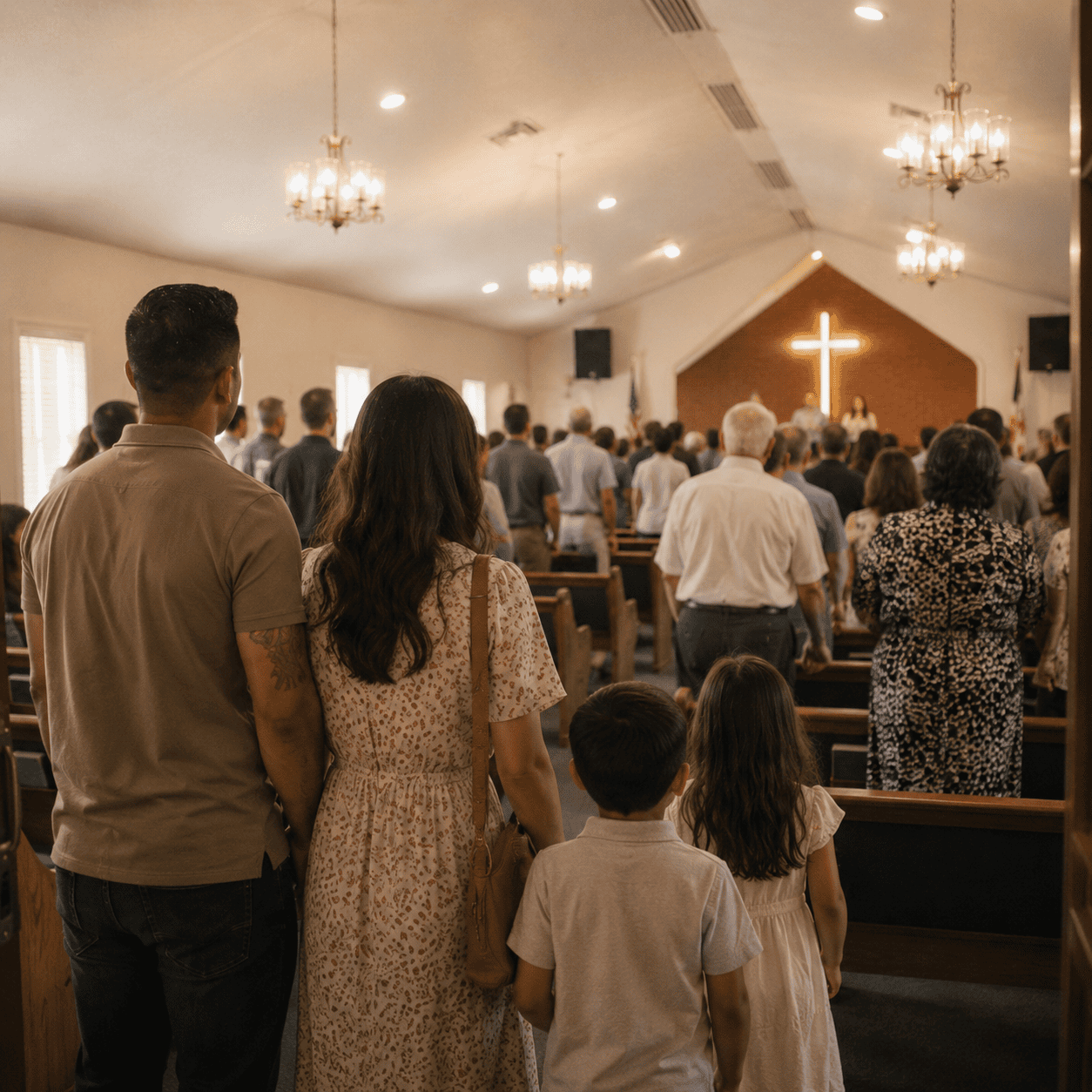 Family worshiping together during Sunday service at Lake Lynn Baptist Church in Fayetteville, NC, with congregation and illuminated cross visible